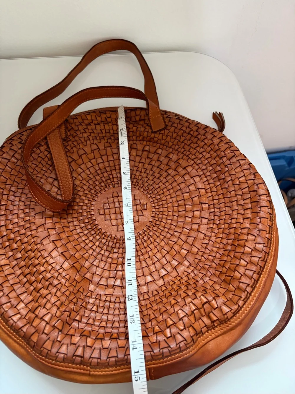 Sundance Woven Round Tote Leather with shoulder Handles Crossbody Cognac Brown